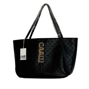 Cavalli Class Black Debossed Sandra Shopper Tote Bag NWT